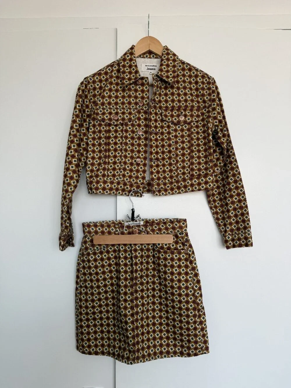 Reformation Jeans Cora Shrunken Denim Jacket Geo Print Brown Size XS